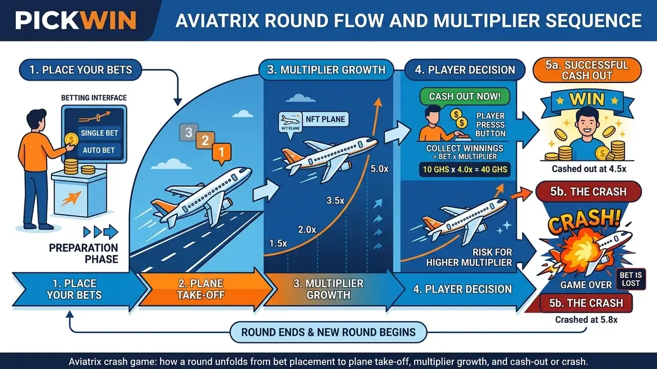 Aviatrix crash game: how a round unfolds from bet placement to plane take-off, multiplier growth, and cash-out or crash.