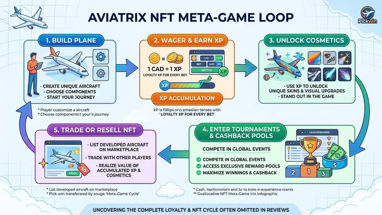 Aviatrix NFT meta-game loop from plane creation through XP accumulation, tournaments, and marketplace resale.